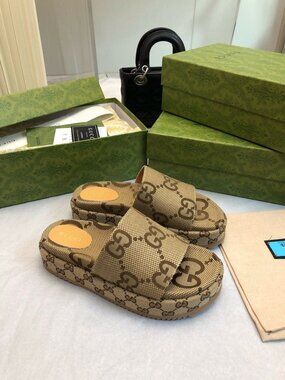 Gucci Women's Tan Monogram Platform Sandals